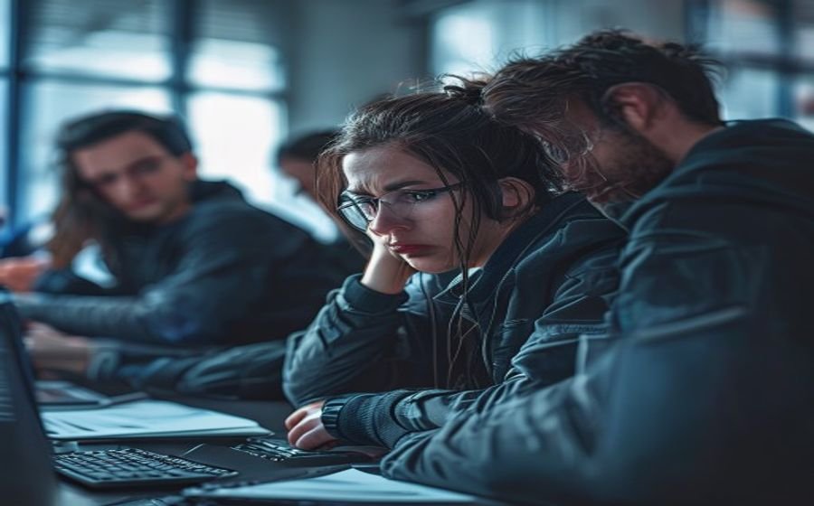 Overwhelmed cybersecurity professional surrounded by alerts